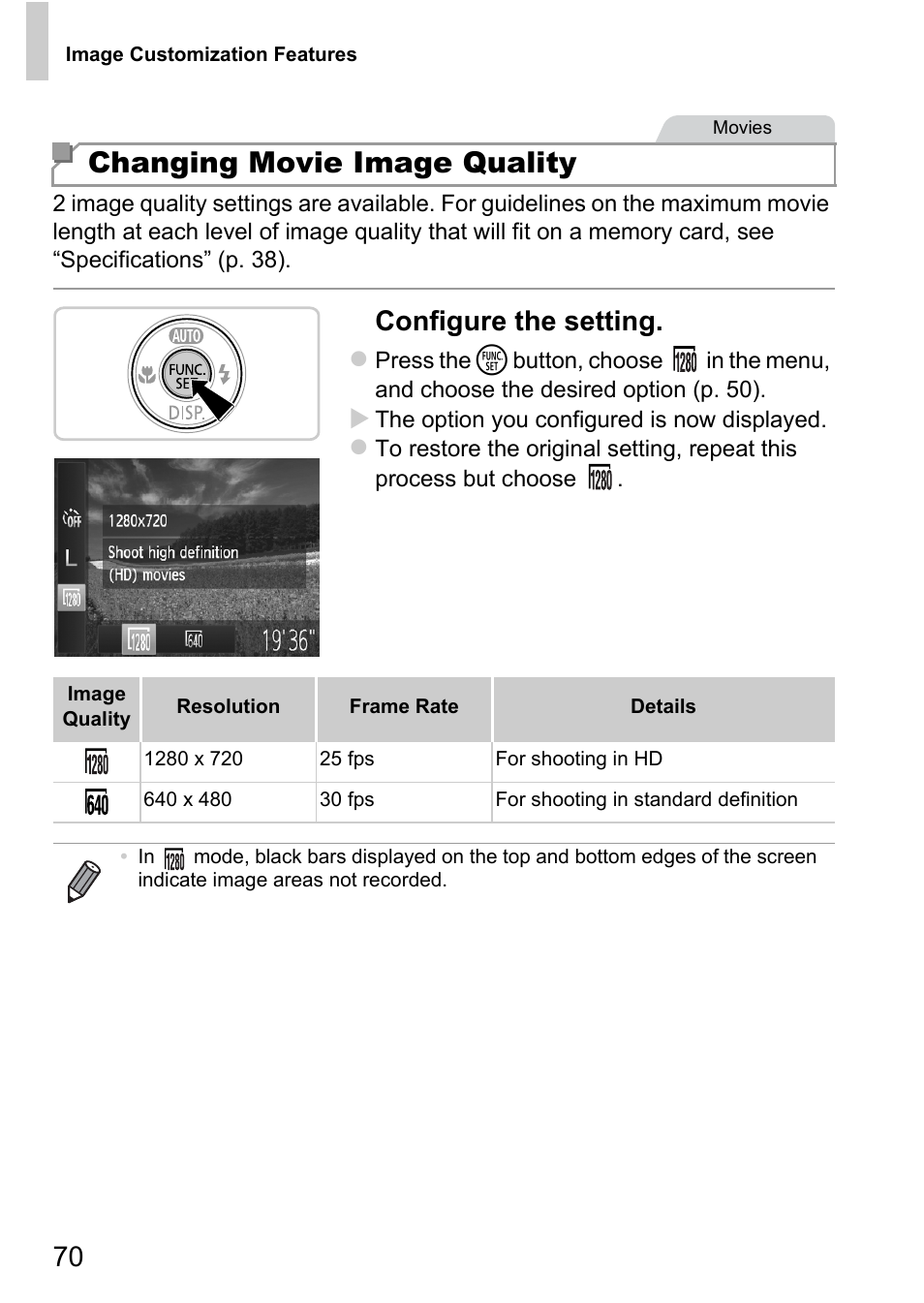 Changing movie image quality, Configure the setting | Canon A4050 IS User Manual | Page 70 / 186