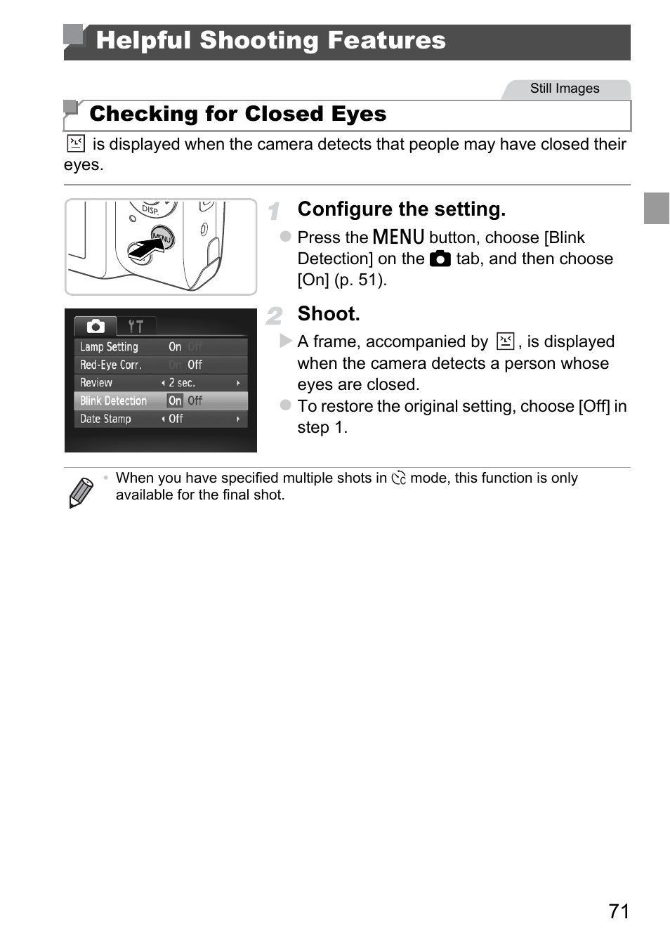 Helpful shooting features, Checking for closed eyes, Configure the setting | Shoot | Canon A4050 IS User Manual | Page 71 / 186