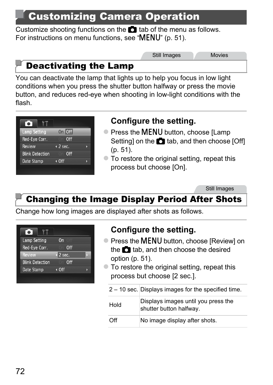 Customizing camera operation, Deactivating the lamp, Changing the image display period after shots | Configure the setting | Canon A4050 IS User Manual | Page 72 / 186