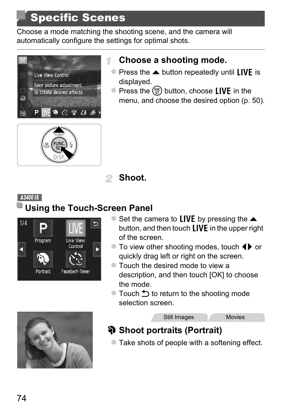 Specific scenes, P. 74), Choose a shooting mode | Shoot, I shoot portraits (portrait), Using the touch-screen panel | Canon A4050 IS User Manual | Page 74 / 186
