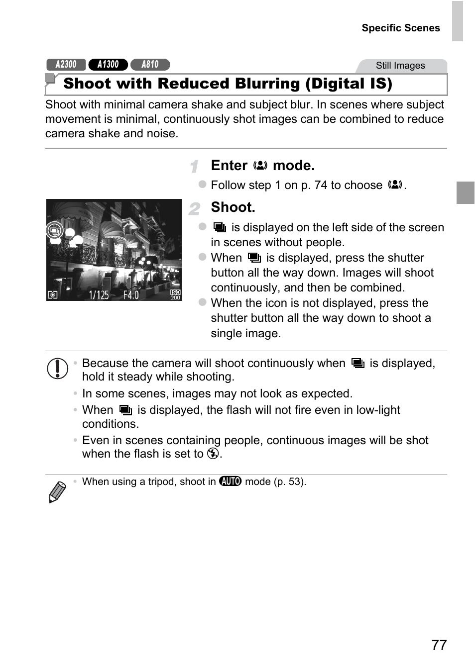 Shoot with reduced blurring (digital is), Enter mode, Shoot | Canon A4050 IS User Manual | Page 77 / 186