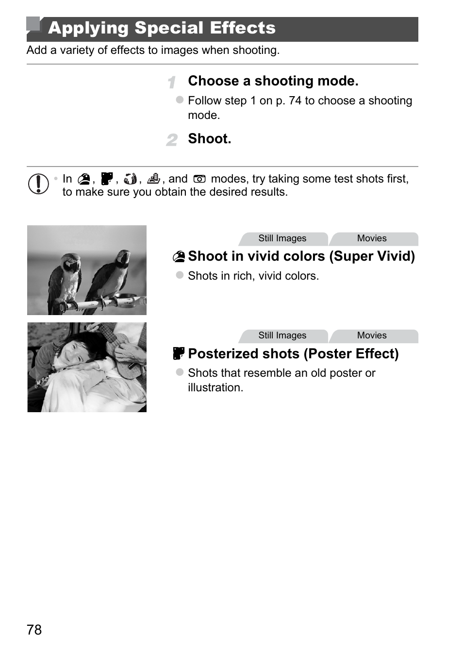 Applying special effects, P. 78), Choose a shooting mode | Shoot. shoot in vivid colors (super vivid), Posterized shots (poster effect) | Canon A4050 IS User Manual | Page 78 / 186