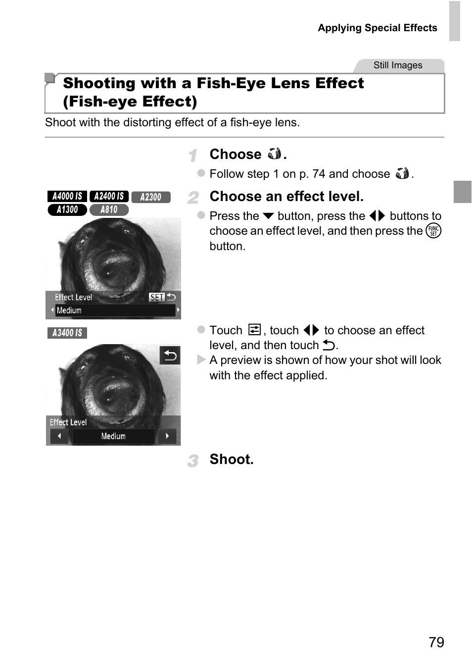 Choose, Choose an effect level, Shoot | Canon A4050 IS User Manual | Page 79 / 186