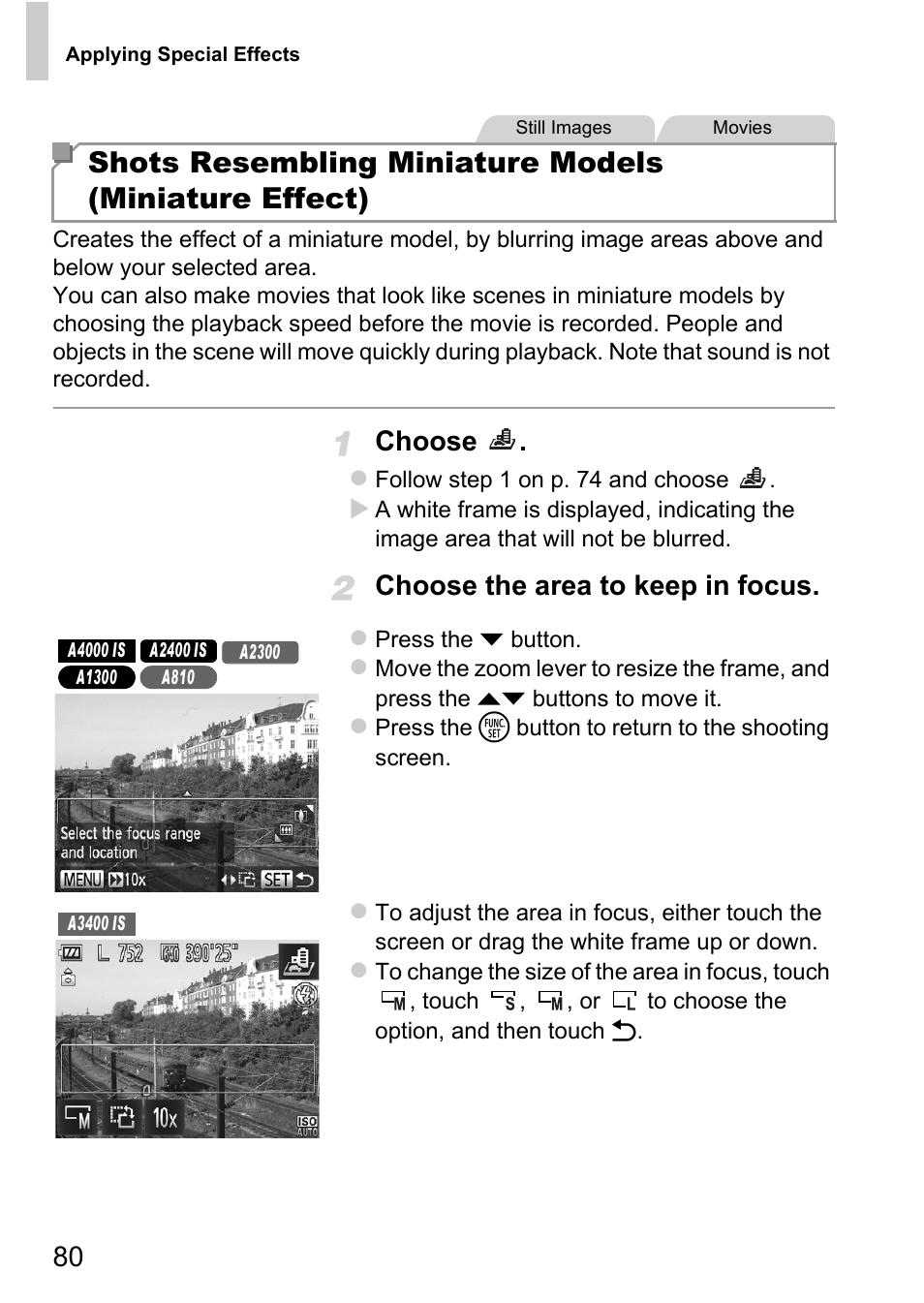 Choose, Choose the area to keep in focus | Canon A4050 IS User Manual | Page 80 / 186