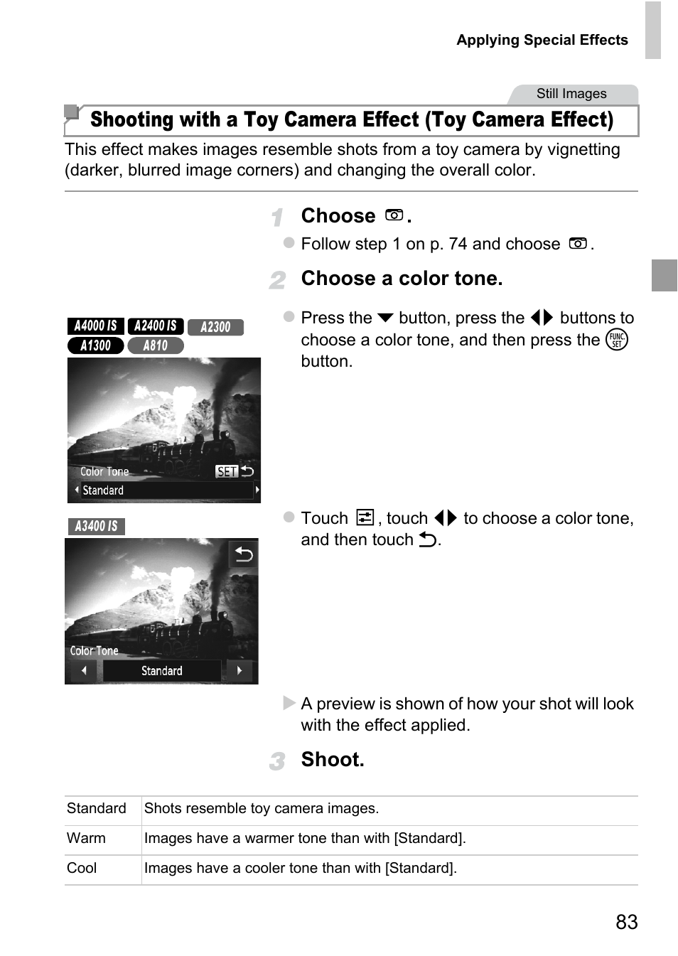 P. 83), Choose, Choose a color tone | Shoot | Canon A4050 IS User Manual | Page 83 / 186