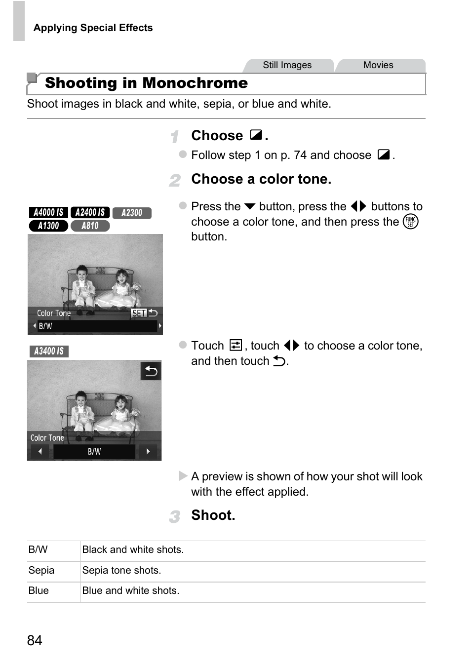 P. 84), Shooting in monochrome, Choose | Choose a color tone, Shoot | Canon A4050 IS User Manual | Page 84 / 186