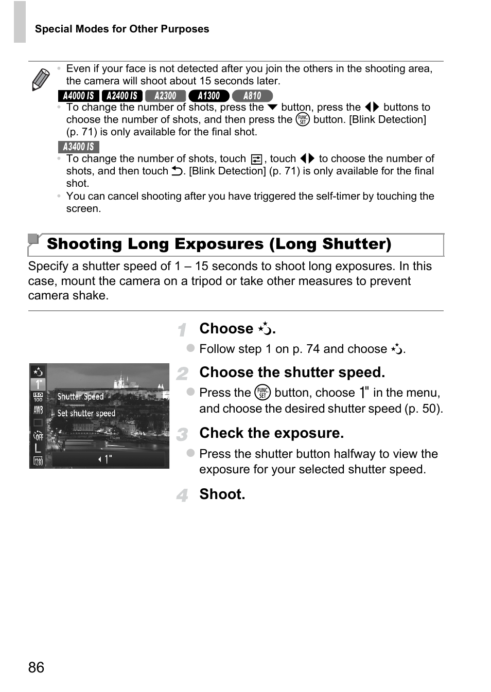 G exposures (p. 86), Xposures (p. 86), dista, Shooting long exposures (long shutter) | Choose n, Choose the shutter speed, Check the exposure, Shoot | Canon A4050 IS User Manual | Page 86 / 186