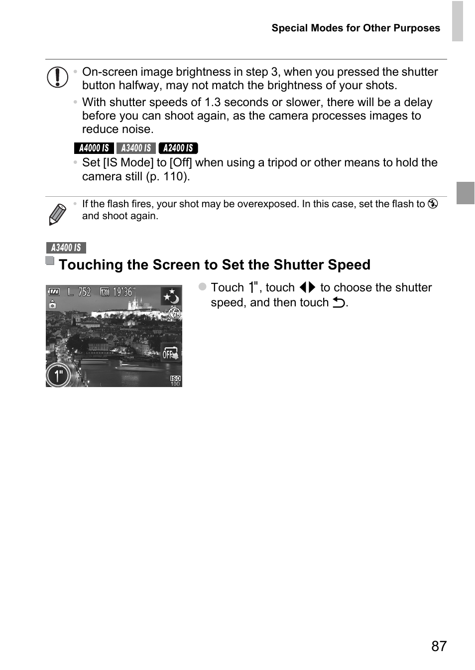 Touching the screen to set the shutter speed | Canon A4050 IS User Manual | Page 87 / 186