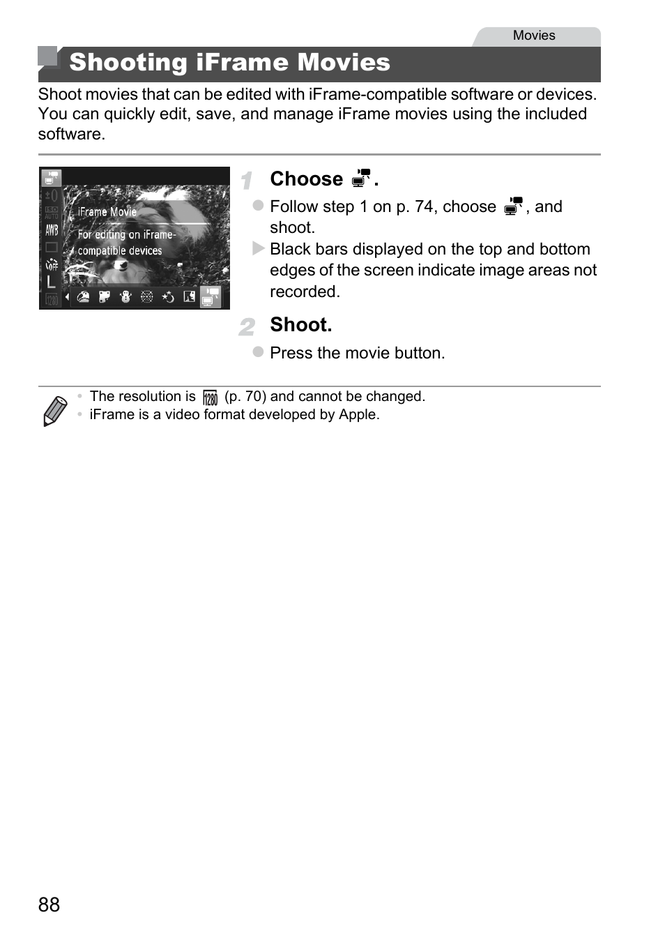 Shooting iframe movies, Choose, Shoot | Canon A4050 IS User Manual | Page 88 / 186