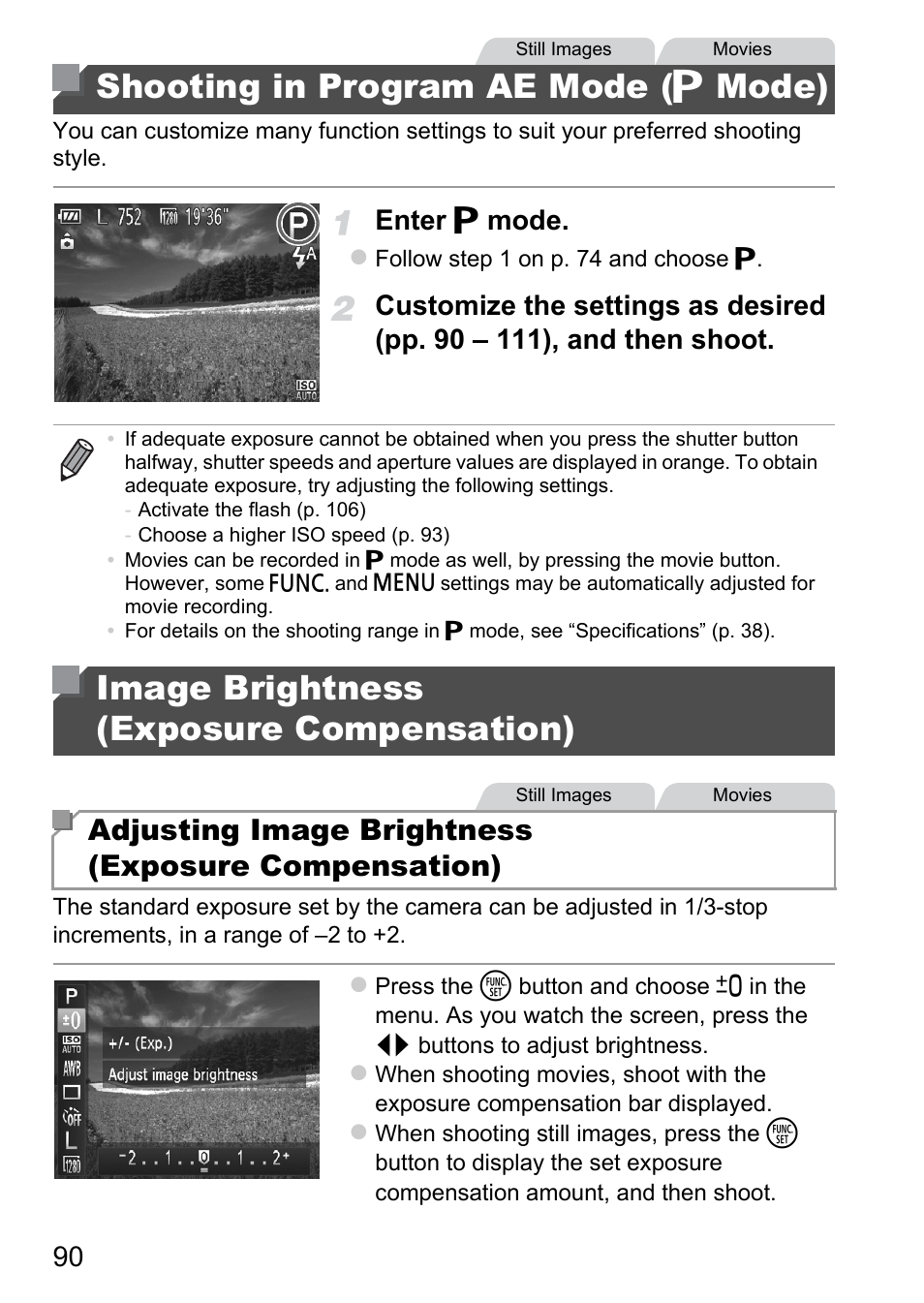 Shooting in program ae mode (p mode), Image brightness (exposure compensation), Shooting in program ae mode | G mode), Image brightness, Exposure compensation), Shooting in program ae mode ( g mode), Adjusting image brightness (exposure compensation), Enter g mode | Canon A4050 IS User Manual | Page 90 / 186