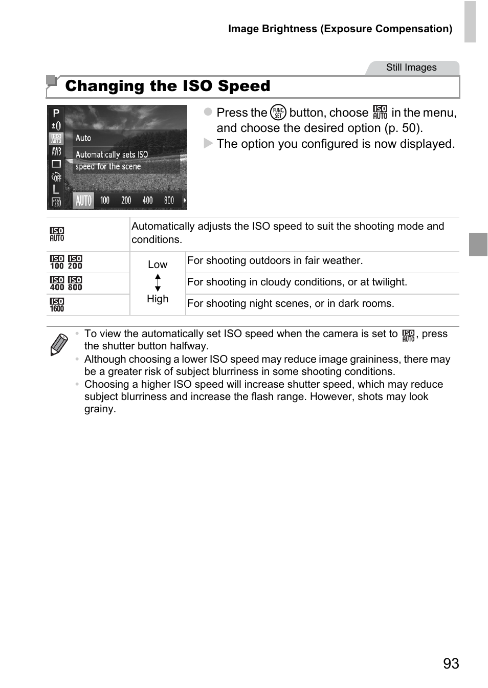 P. 93), Changing the iso speed | Canon A4050 IS User Manual | Page 93 / 186