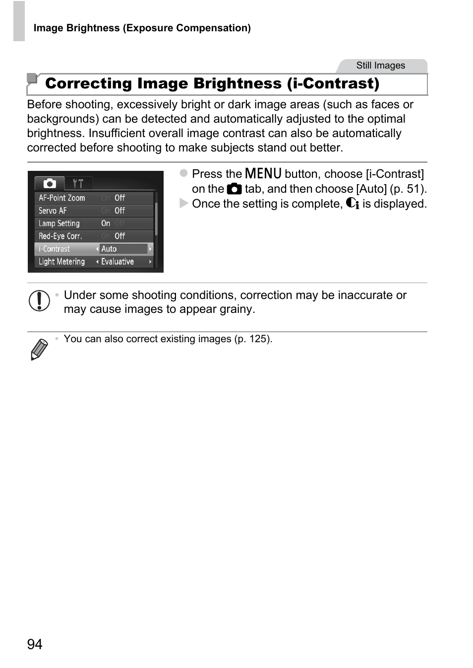 Correcting image brightness (i-contrast) | Canon A4050 IS User Manual | Page 94 / 186