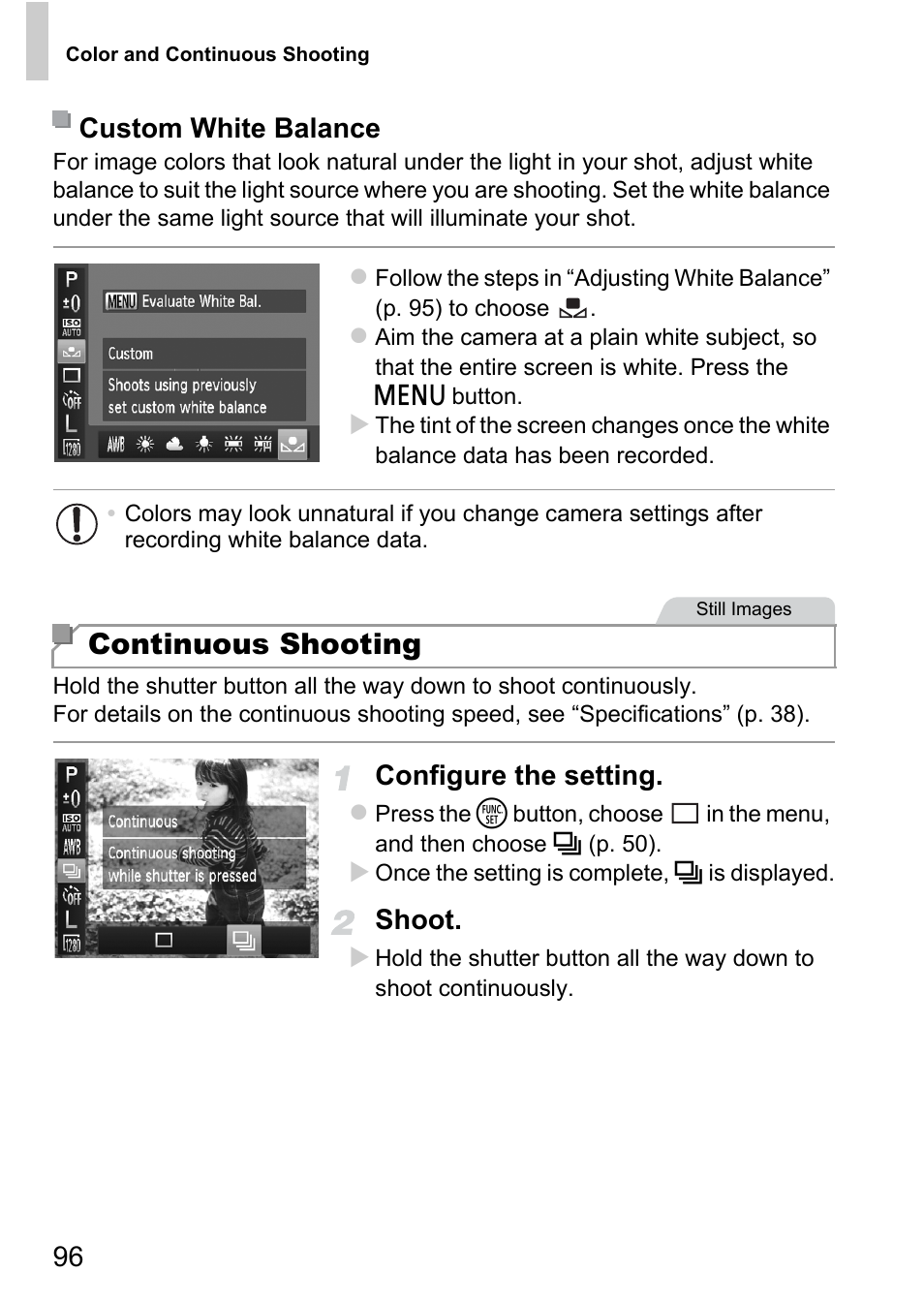 Continuous shooting, Configure the setting, Shoot | Custom white balance | Canon A4050 IS User Manual | Page 96 / 186