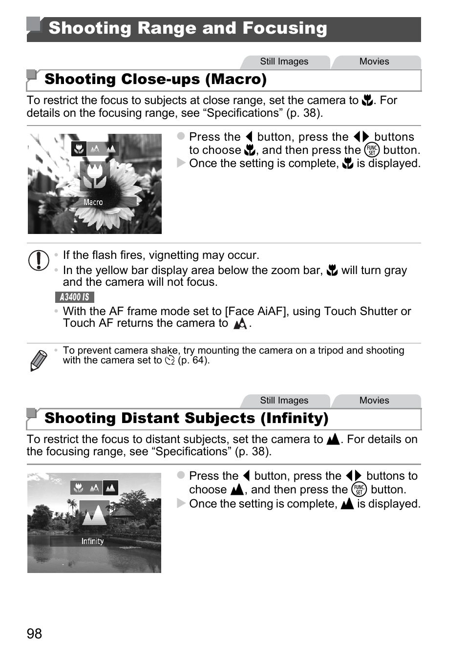 Shooting range and focusing, Shooting close-ups (macro), Shooting distant subjects (infinity) | Canon A4050 IS User Manual | Page 98 / 186