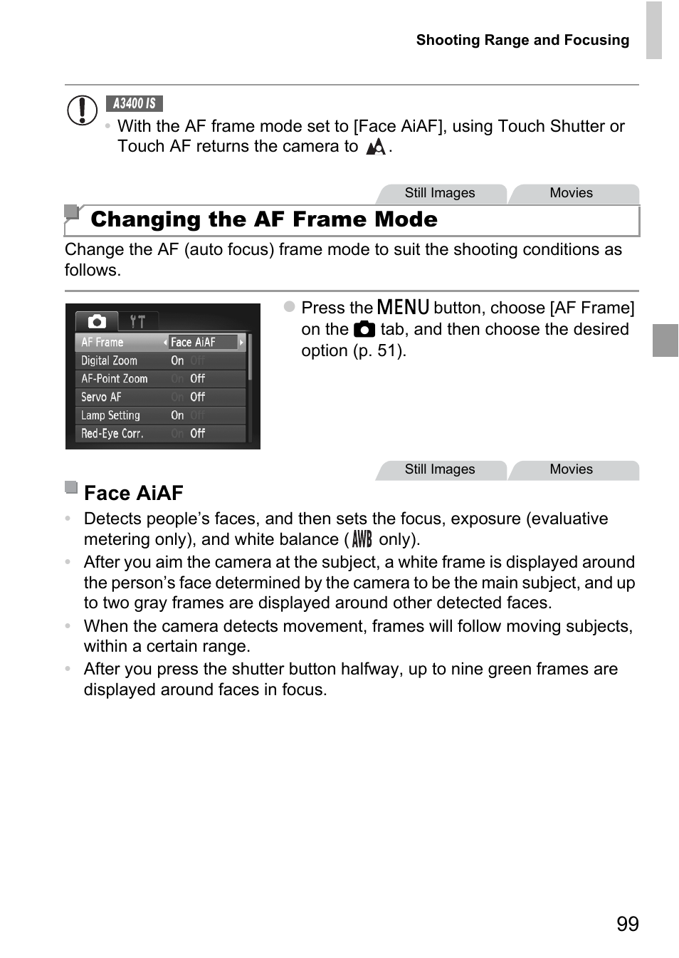 Changing the af frame mode, Face aiaf | Canon A4050 IS User Manual | Page 99 / 186