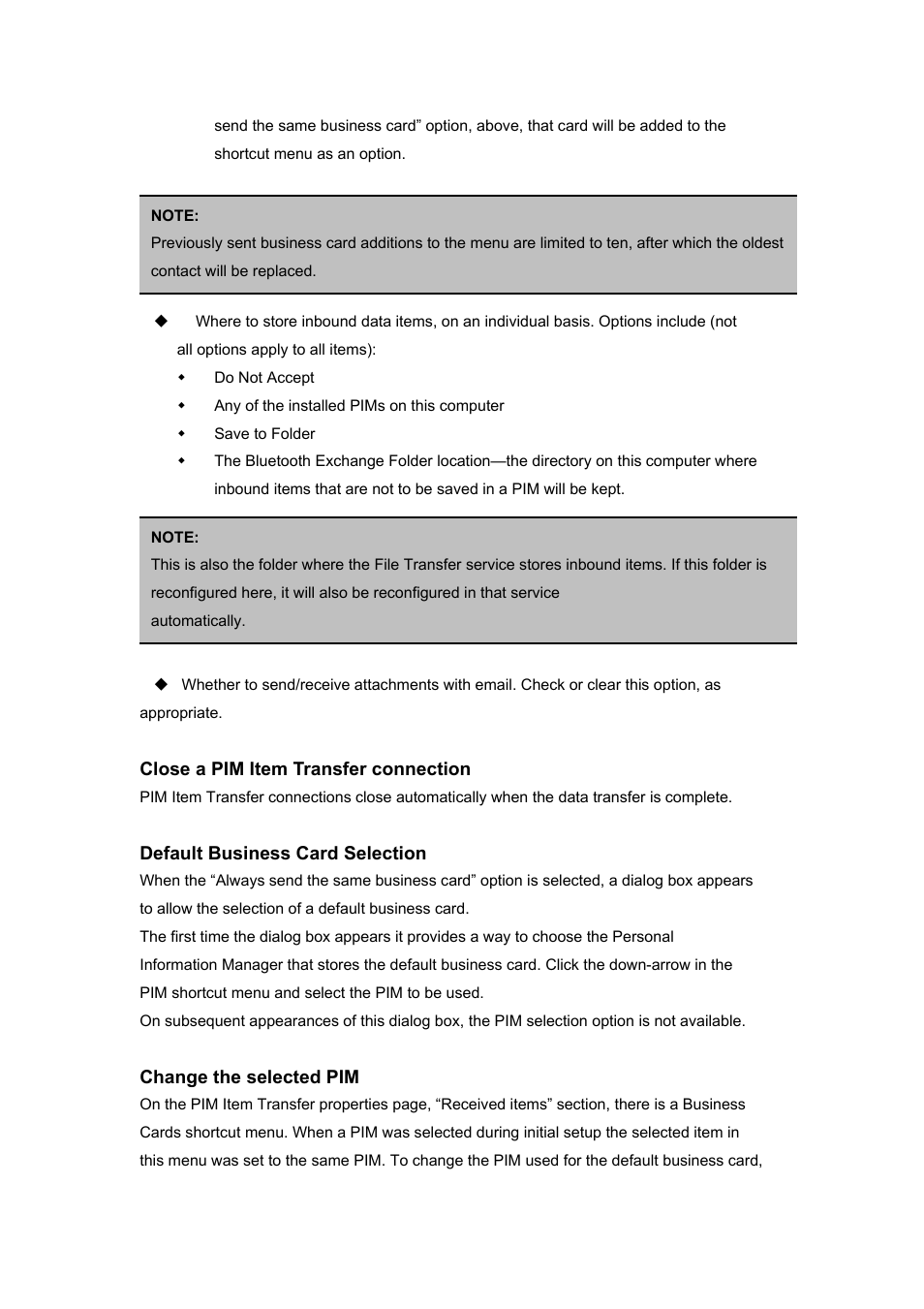 Close a pim item transfer connection, Default business card selection, Change the selected pim | BAFO BF-8000 User Manual | Page 66 / 97