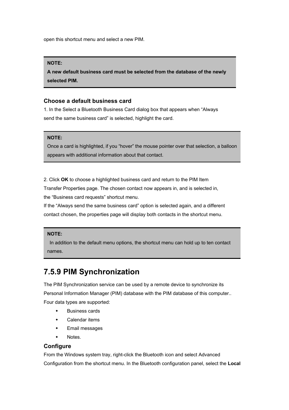 Choose a default business card, 9 pim synchronization, Configure | BAFO BF-8000 User Manual | Page 67 / 97