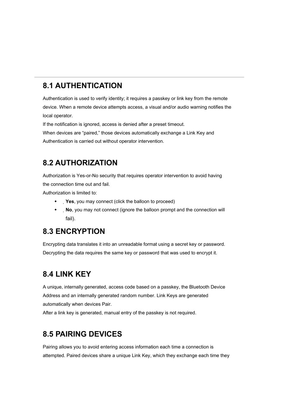 Chapter 8security, 1 authentication, 2 authorization | 3 encryption, 4 link key, 5 pairing devices, Chapter 8, Security, Chapter 8 security | BAFO BF-8000 User Manual | Page 91 / 97