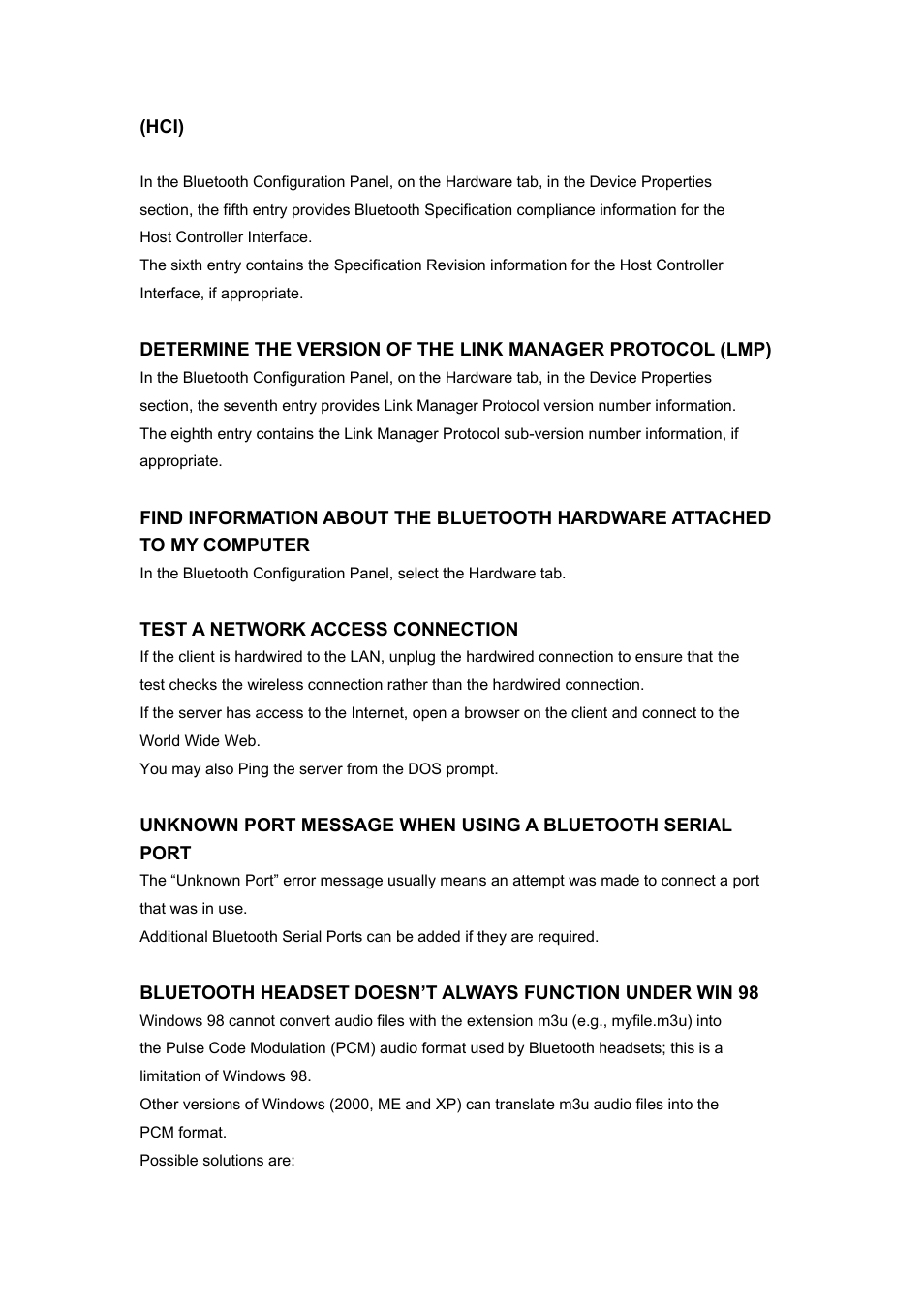 Test a network access connection, Bluetooth headset doesn’t always function under w | BAFO BF-8000 User Manual | Page 96 / 97