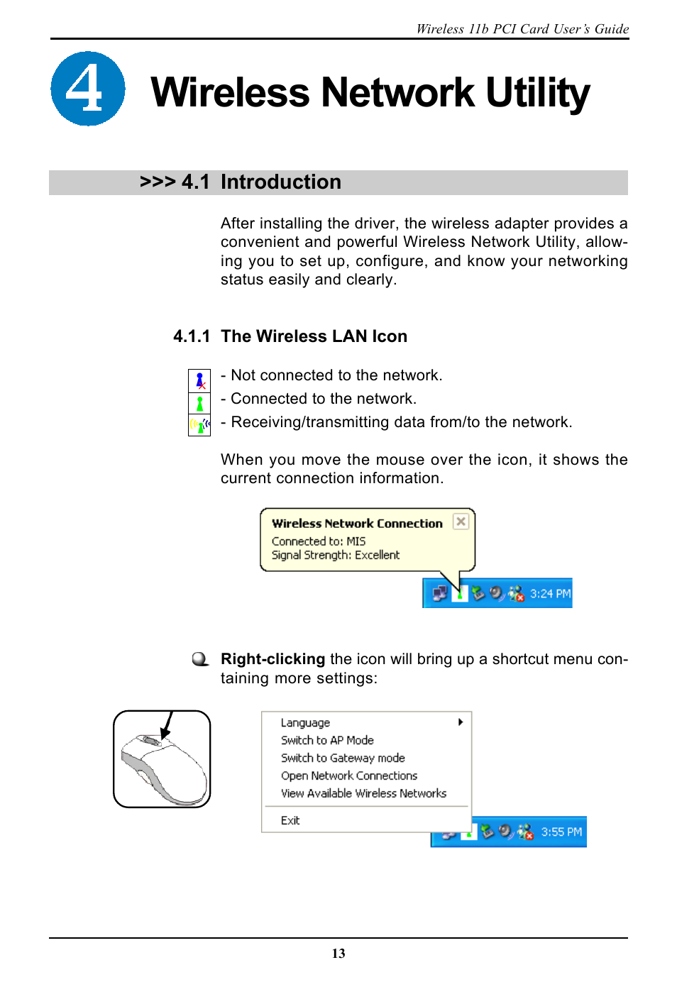 Wireless network utility, 1 introduction, 1 the wireless lan icon | BAFO BF-7600 User Manual | Page 19 / 58