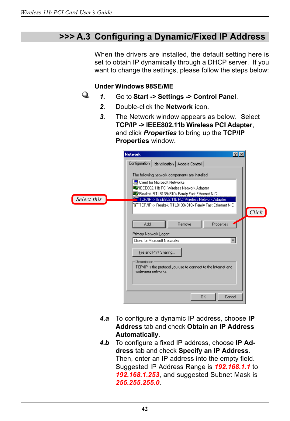 A.3 configuring a dynamic/fixed ip address, Configuring a dynamic/fixed ip address | BAFO BF-7600 User Manual | Page 48 / 58