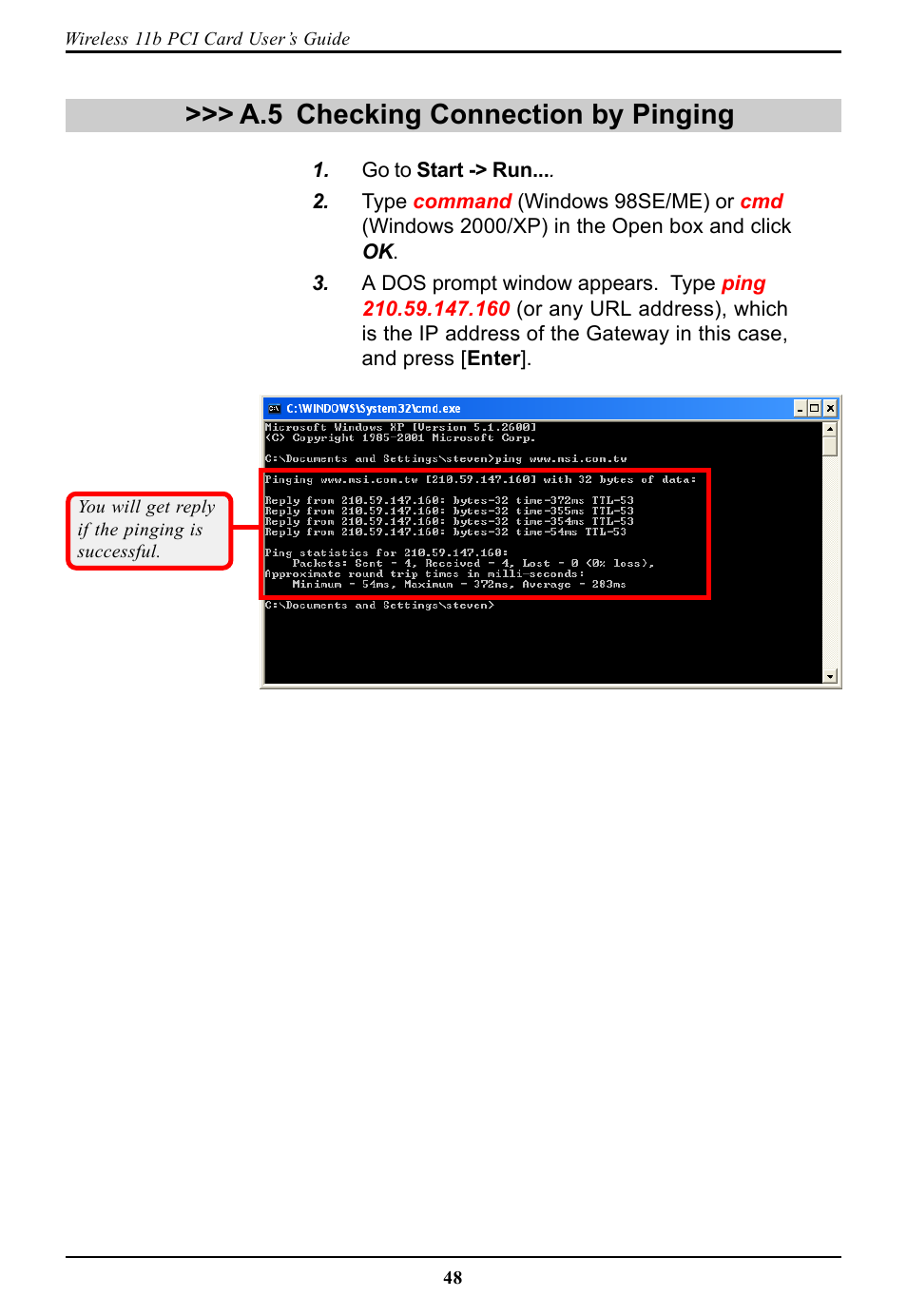 A.5 checking connection by pinging, Checking connection by pinging | BAFO BF-7600 User Manual | Page 54 / 58