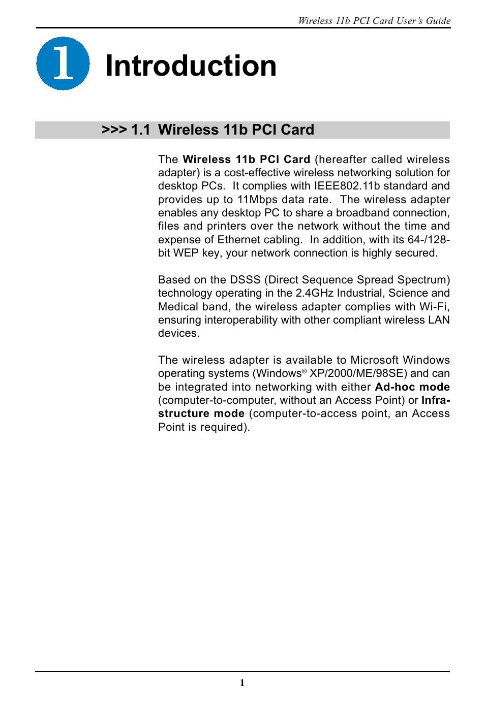 Introduction, 1 wireless 11b pci card, Wireless 11b pci card | BAFO BF-7600 User Manual | Page 7 / 58