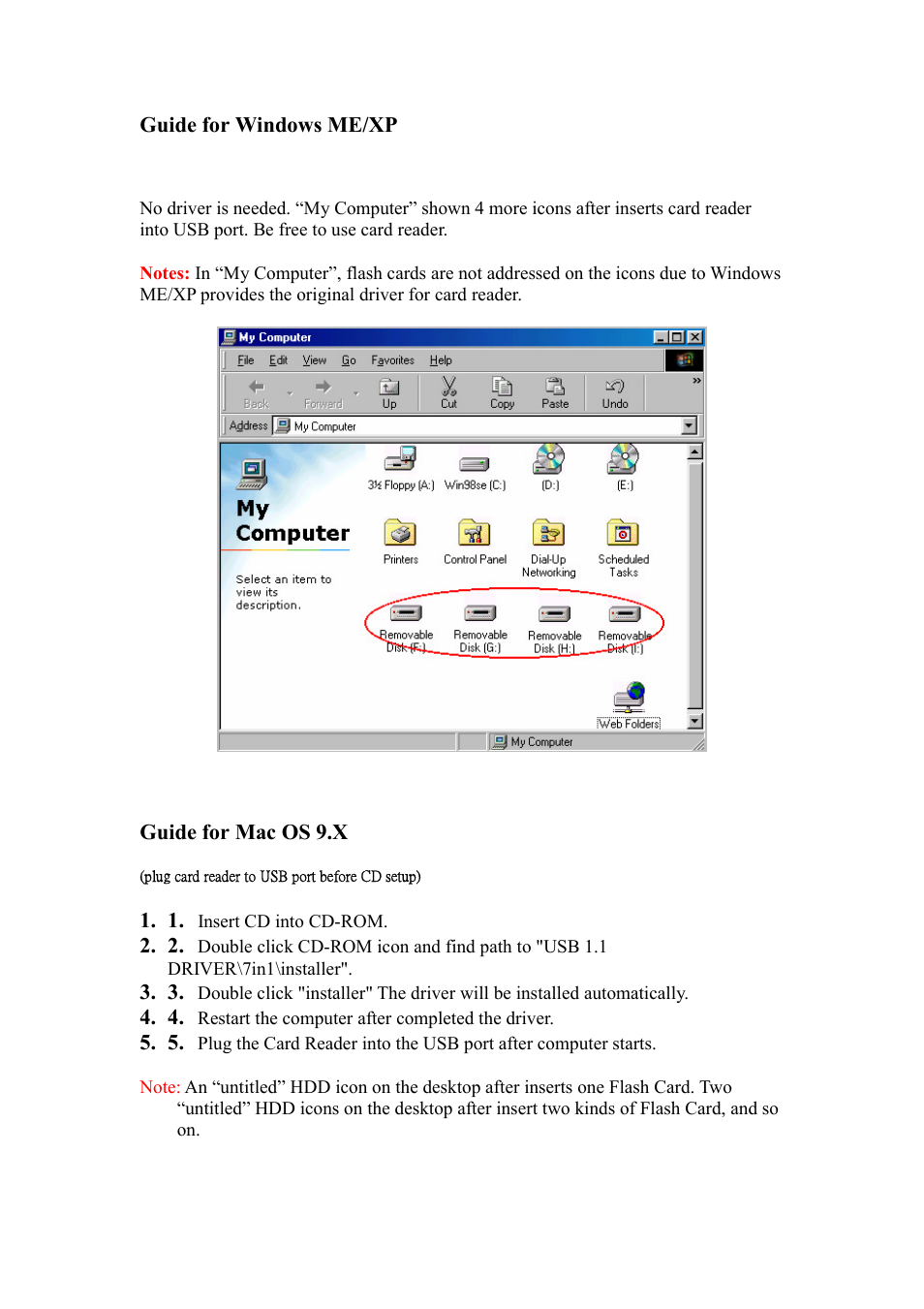 Guide for windows me/xp, Guide for mac os 9.x | BAFO BF-7360 USB2.0 7in 1 User Manual | Page 3 / 4