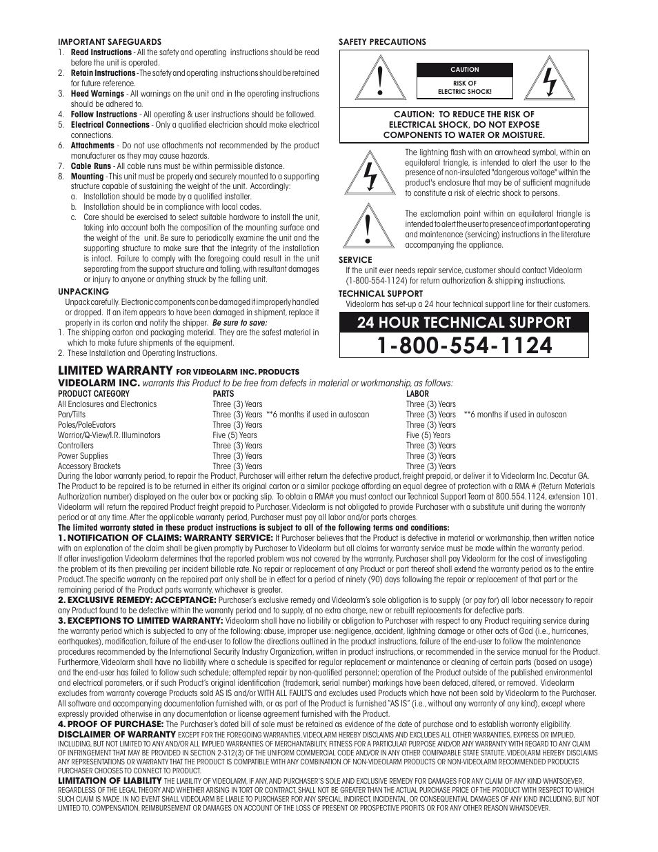 24 hour technical support, Limited warranty | Canon IP ReadyTM Series Video Alarm FDP75C12N User Manual | Page 2 / 24