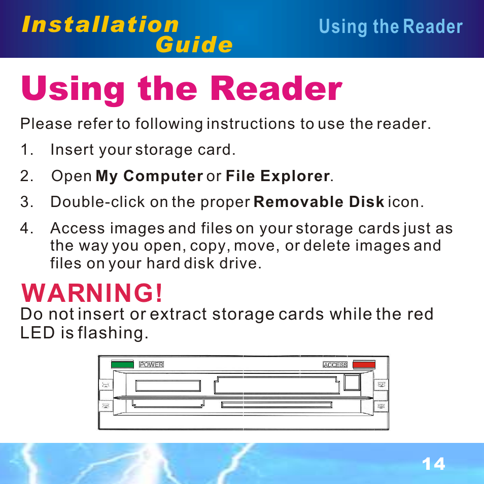 Using the reader, Warning, Installation guide | BAFO BF-7351 Internal Multi Slot User Manual | Page 15 / 18