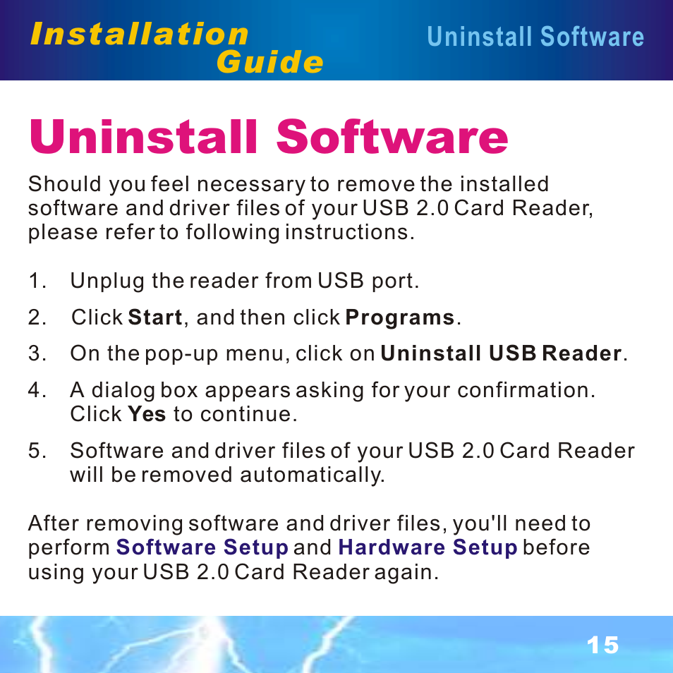 Uninstall software, Installation guide | BAFO BF-7351 Internal Multi Slot User Manual | Page 16 / 18