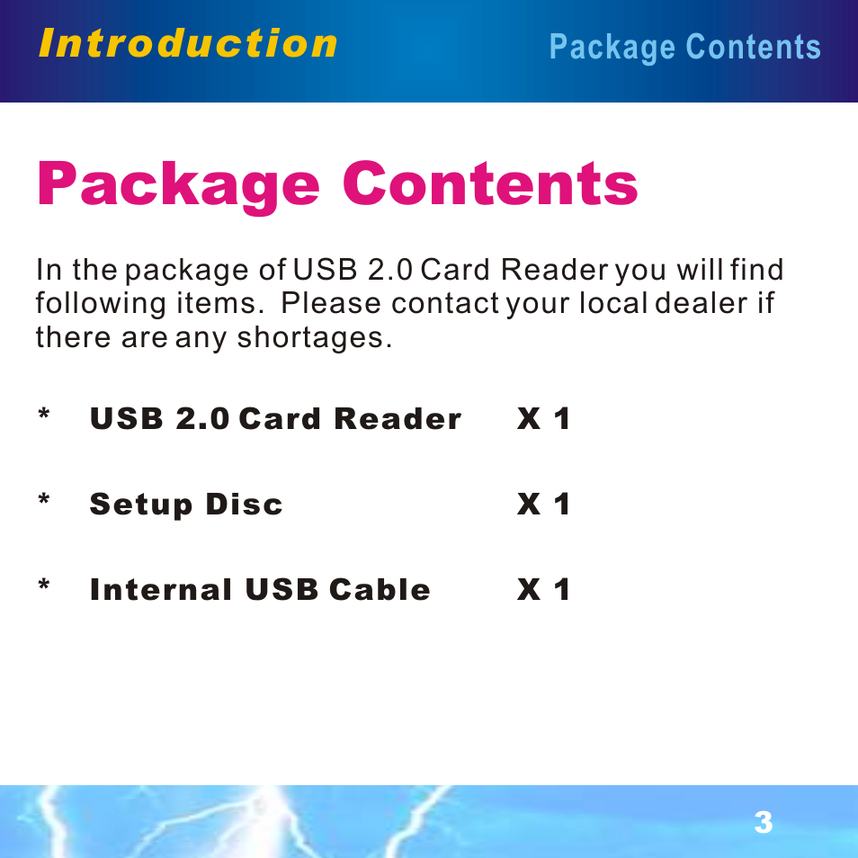 Package contents, Introduction | BAFO BF-7351 Internal Multi Slot User Manual | Page 4 / 18