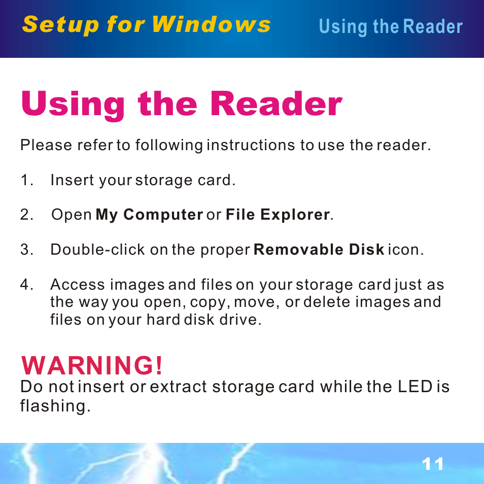 Using the reader, Warning, Setup for windows | BAFO BF-7351 External Single Slot User Manual | Page 12 / 21