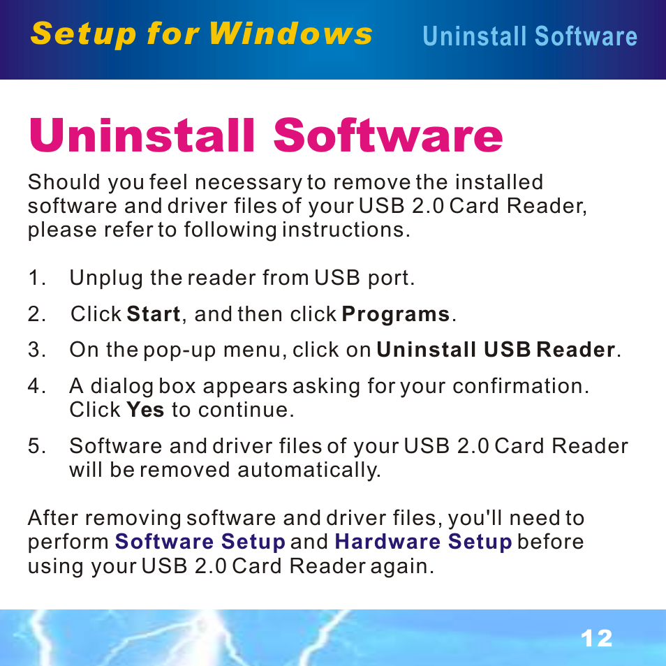 Uninstall software, Setup for windows | BAFO BF-7351 External Single Slot User Manual | Page 13 / 21