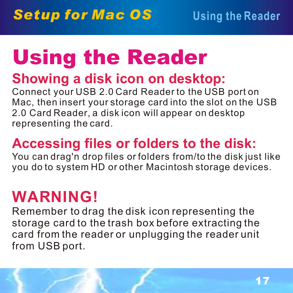 Using the reader, Warning | BAFO BF-7351 External Single Slot User Manual | Page 18 / 21