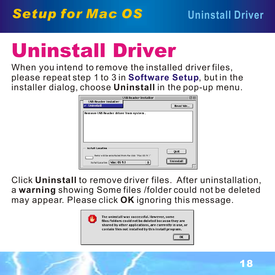 Uninstall driver, Setup for mac os | BAFO BF-7351 External Single Slot User Manual | Page 19 / 21