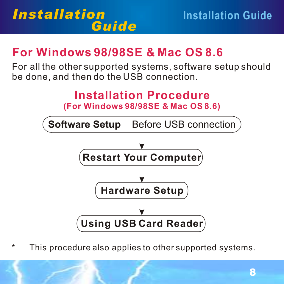 For windows 98/98se & macos 8.6, Installation, Guide | Installation guide | BAFO BF-7351 External Single Slot User Manual | Page 9 / 21