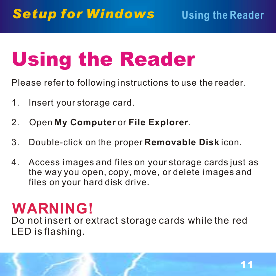 Using the reader, Warning, Setup for windows | BAFO BF-7351 External Multi Slot User Manual | Page 12 / 21