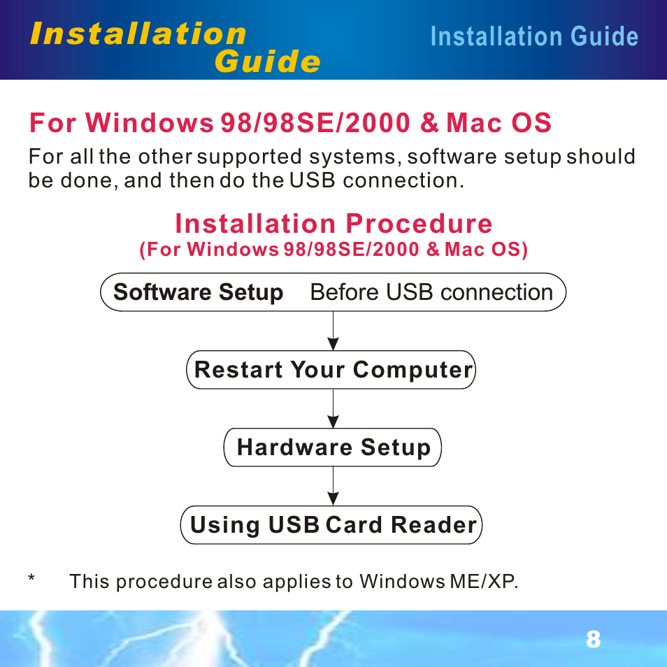 For windows 98/98se/2000 & macos, Installation, Guide | Installation guide | BAFO BF-7351 External Multi Slot User Manual | Page 9 / 21