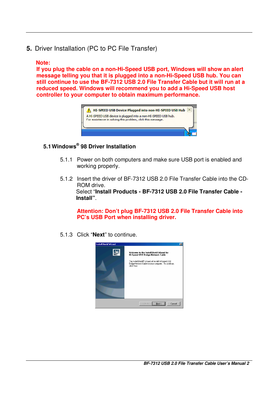 Driver installation (pc to pc file transfer) | BAFO BF-7312 User Manual | Page 2 / 17