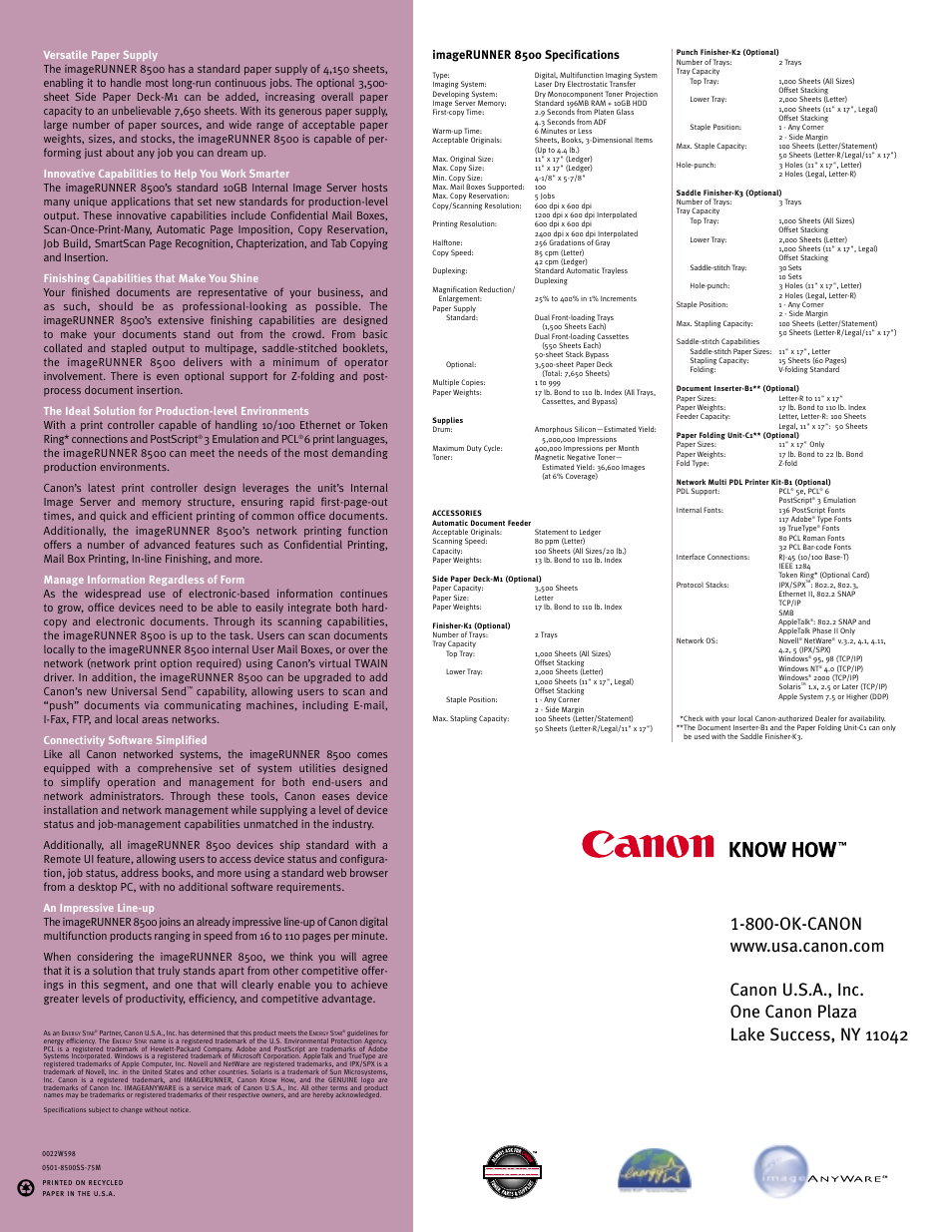 Imagerunner 8500 specifications, 3 emulation and pcl | Canon 8500 User Manual | Page 2 / 2