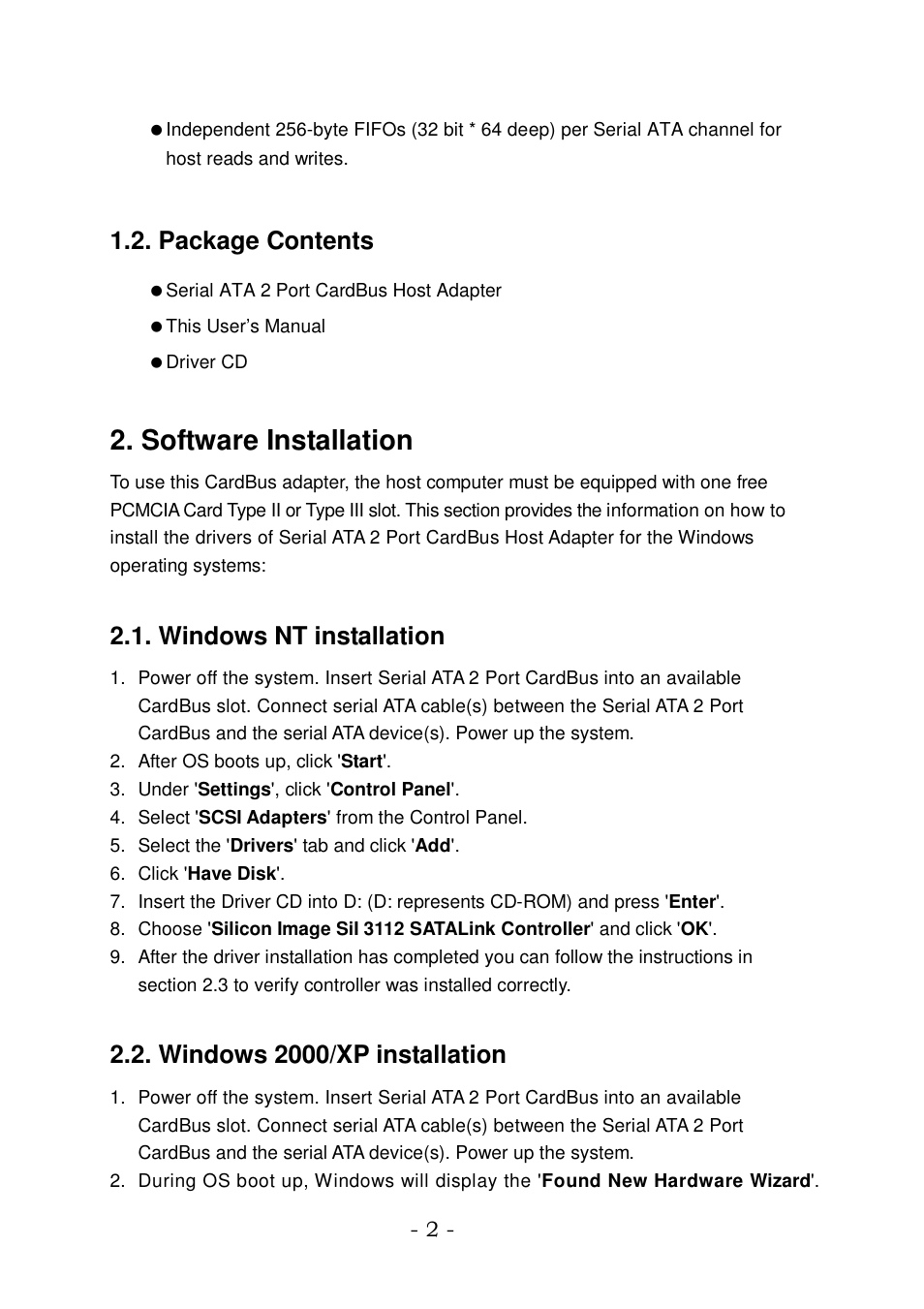 Software installation, Package contents, Windows nt installation | Windows 2000/xp installation | BAFO BF-5320 User Manual | Page 2 / 6