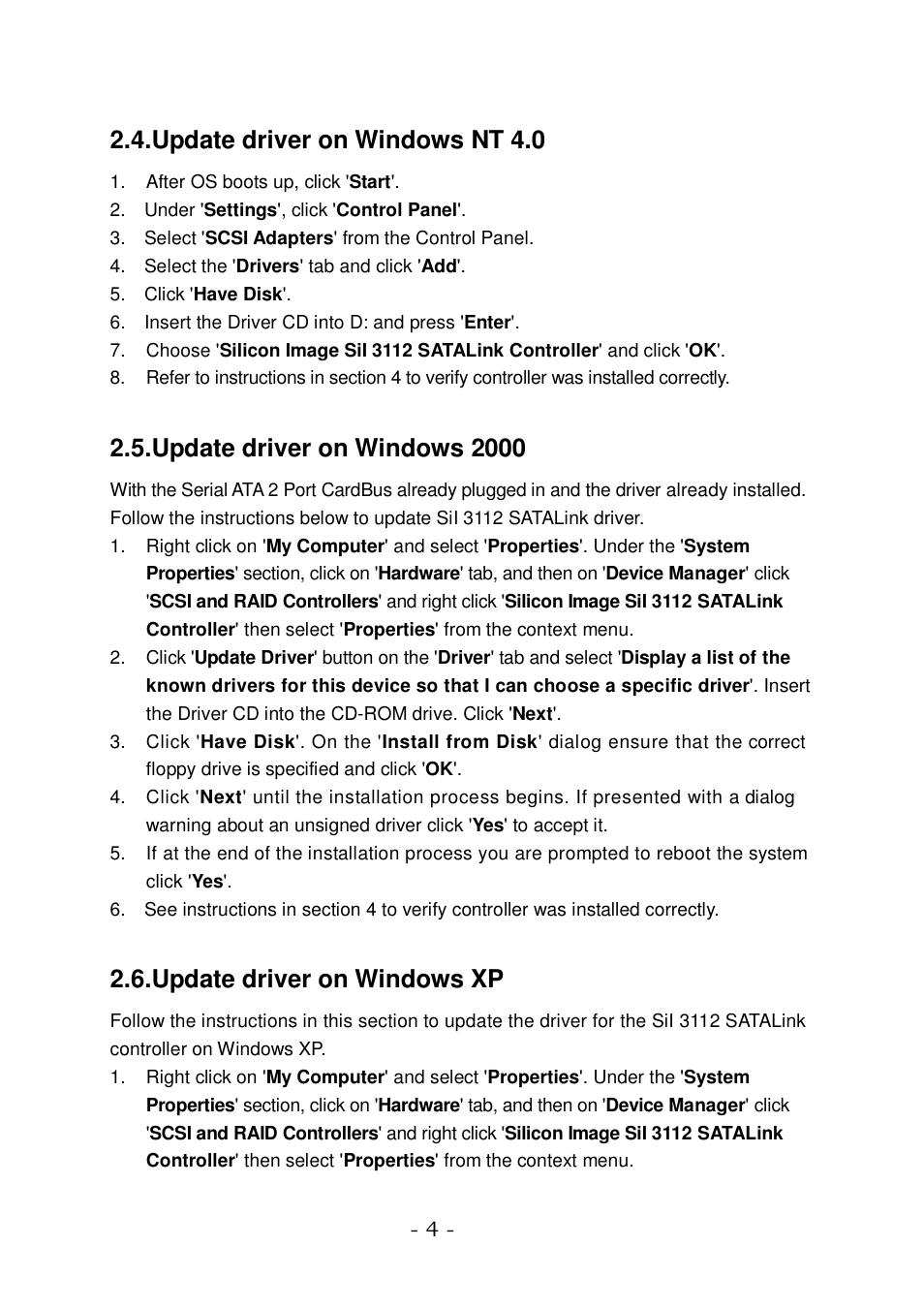 Update driver on windows nt 4.0, Update driver on windows 2000, Update driver on windows xp | BAFO BF-5320 User Manual | Page 4 / 6