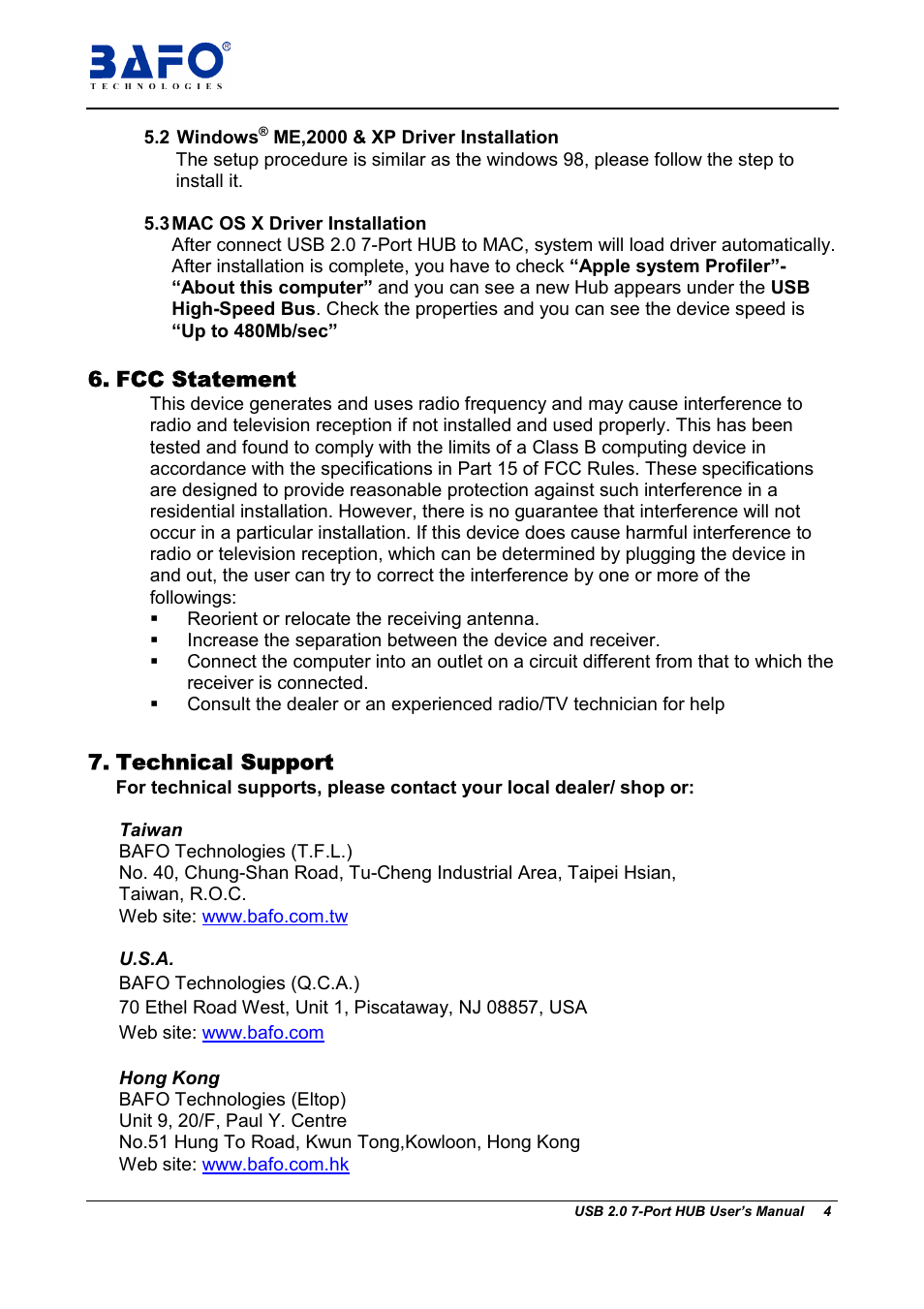 Fcc statement, Technical support | BAFO BF-4700 User Manual | Page 4 / 4