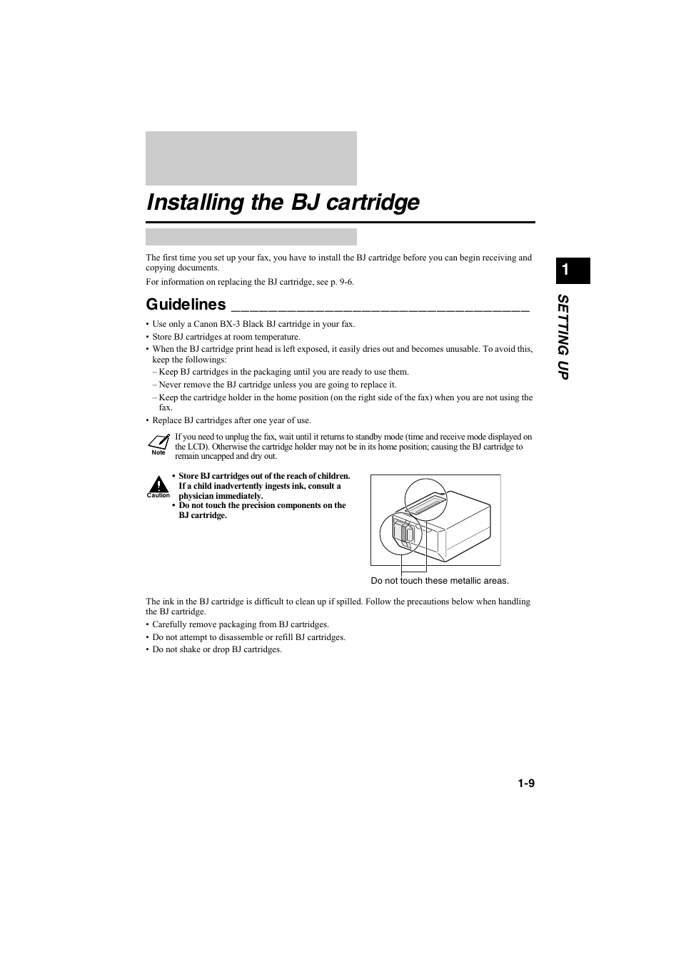 Installing the bj cartridge, Guidelines, Se t t in g up | Canon B115 User Manual | Page 104 / 118