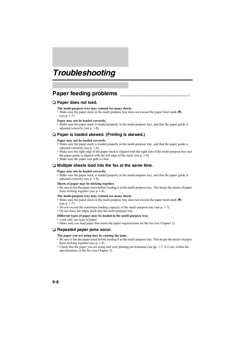 Troubleshooting, Paper feeding problems | Canon B115 User Manual | Page 25 / 118