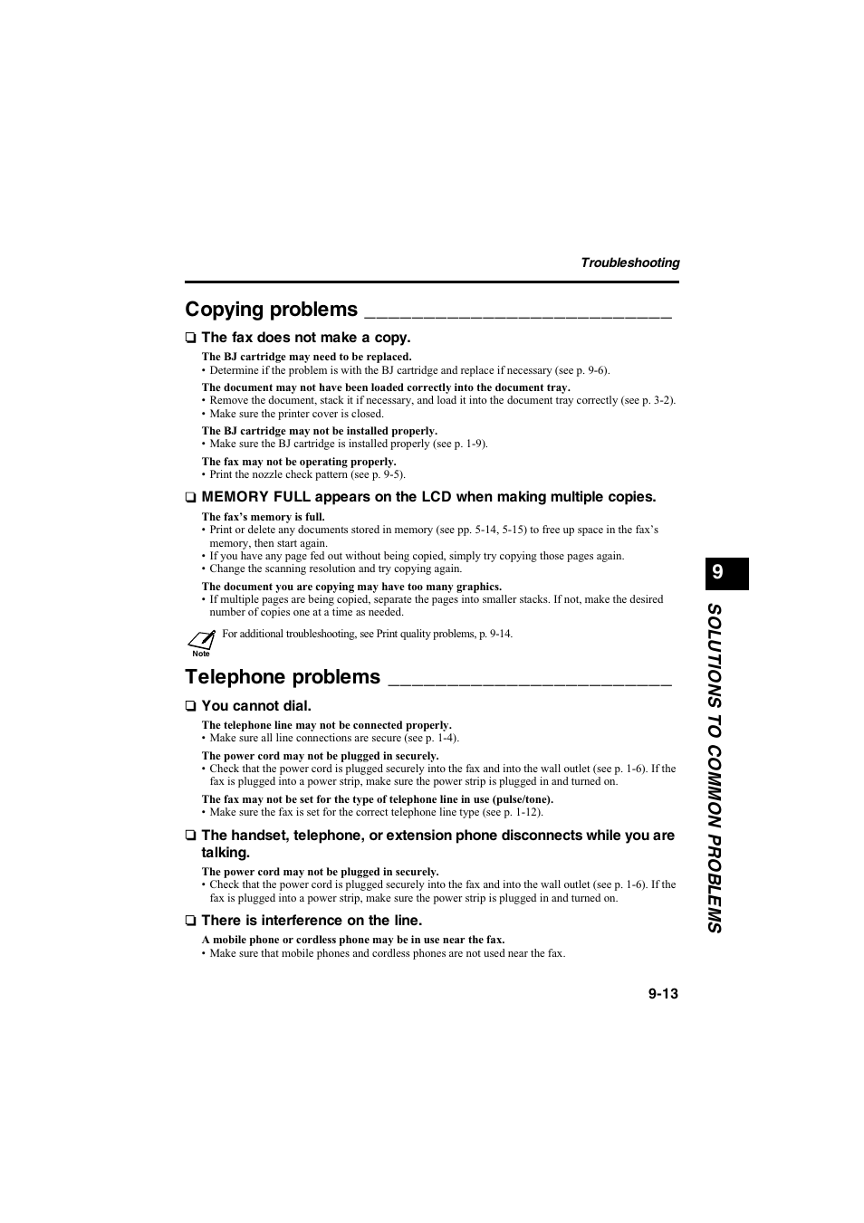 Copying problems, Telephone problems, Sol u t ions to common prob l e ms | Canon B115 User Manual | Page 30 / 118