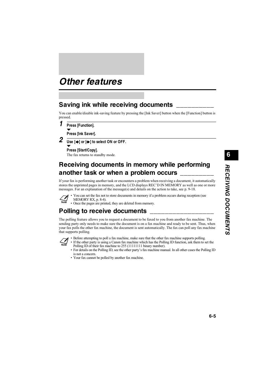 Other features, Saving ink while receiving documents, Polling to receive documents | Canon B115 User Manual | Page 63 / 118