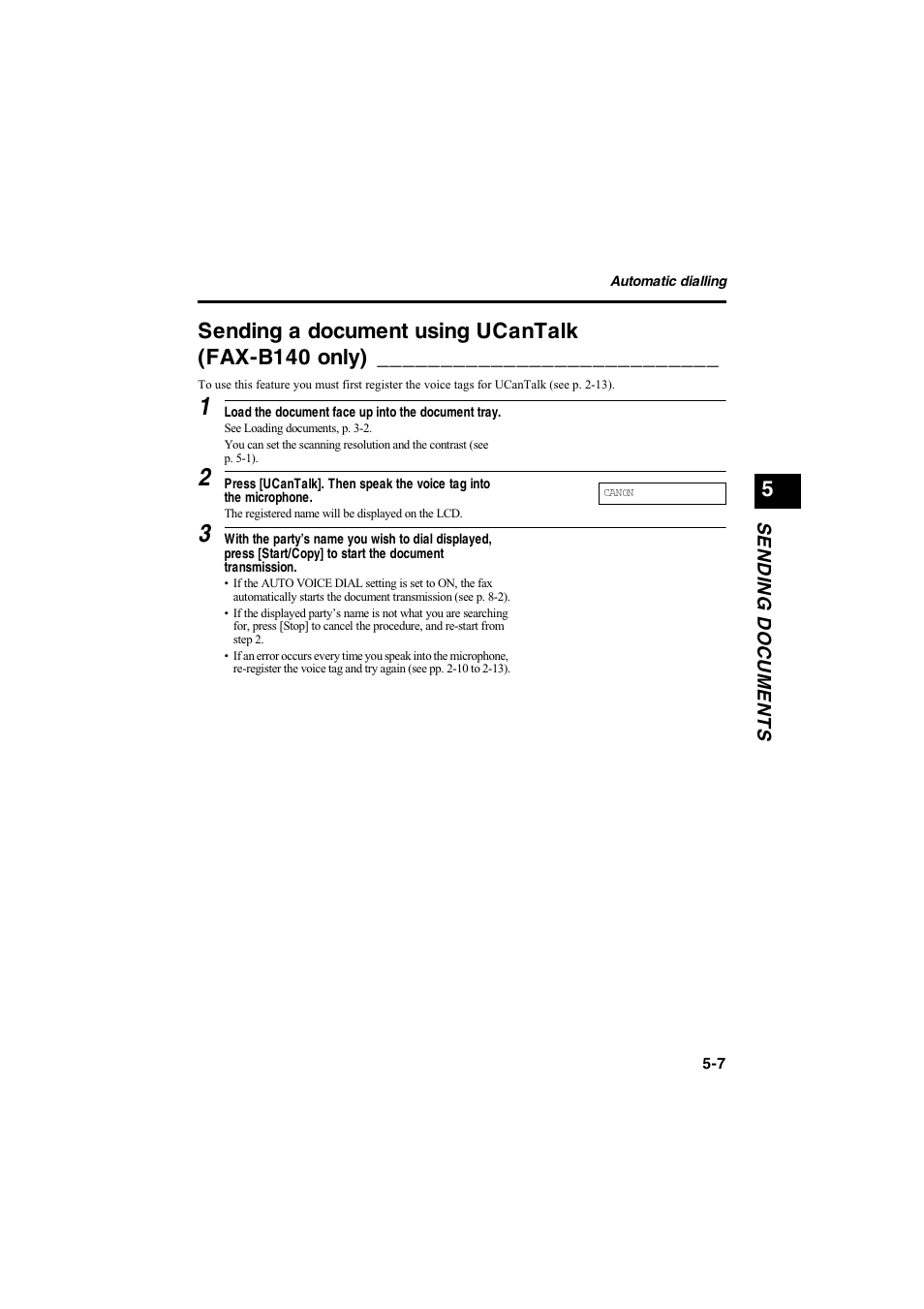 Sending a document using ucantalk (fax-b140 only) | Canon B115 User Manual | Page 70 / 118