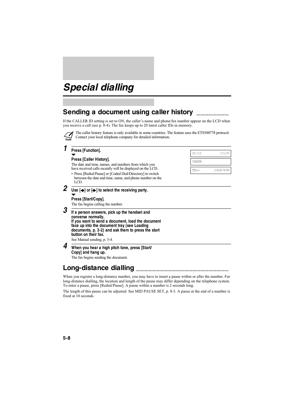 Special dialling, Sending a document using caller history, Long-distance dialling | Canon B115 User Manual | Page 71 / 118